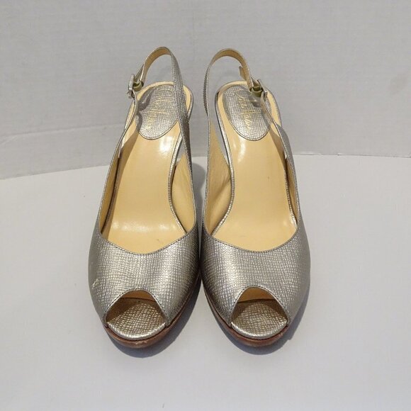 COLE HAAN Gold Metallic Textured Leather Peep Toe Slingback Heels Size 8.5B Shoe - Picture 1 of 7
